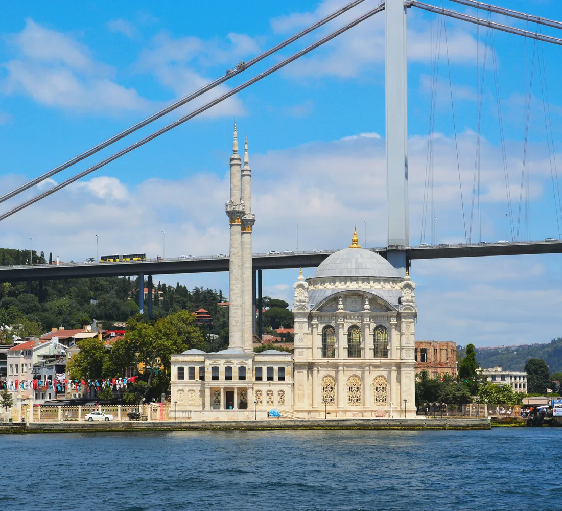 Ortaköy Mosque, the Bosphorus and the 15 July Martyrs Bridge in Istanbul, Türkiye